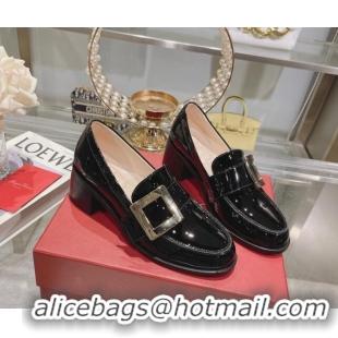 Perfect Roger Vivier Viv' Rangers Metal Buckle Loafers 4.5cm in Patent Leather Black 218123