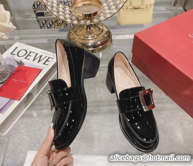 Perfect Roger Vivier Viv' Rangers Metal Buckle Loafers 4.5cm in Patent Leather Black 218123