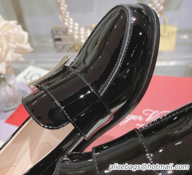 Perfect Roger Vivier Viv' Rangers Metal Buckle Loafers 4.5cm in Patent Leather Black 218123