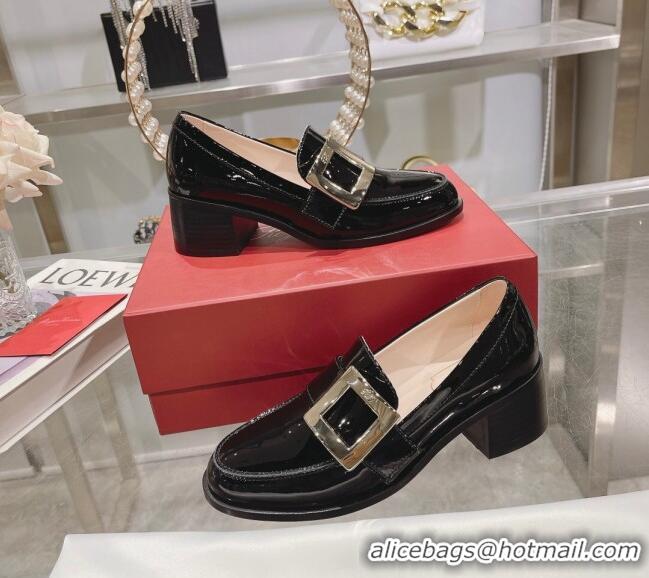 Perfect Roger Vivier Viv' Rangers Metal Buckle Loafers 4.5cm in Patent Leather Black 218123