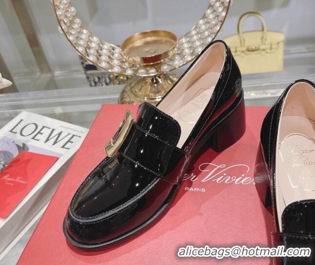 Perfect Roger Vivier Viv' Rangers Metal Buckle Loafers 4.5cm in Patent Leather Black 218123