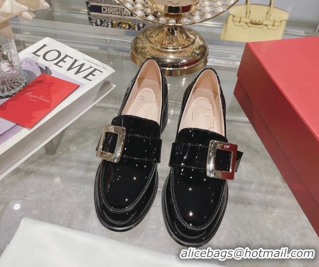 Perfect Roger Vivier Viv' Rangers Metal Buckle Loafers 4.5cm in Patent Leather Black 218123