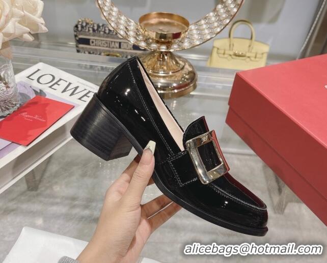 Perfect Roger Vivier Viv' Rangers Metal Buckle Loafers 4.5cm in Patent Leather Black 218123