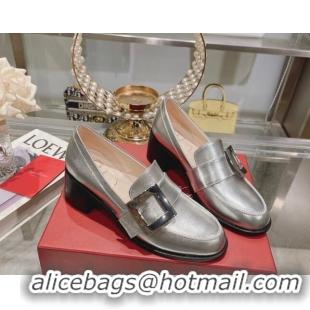 Duplicate Roger Vivier Viv' Rangers Metal Buckle Loafers 4.5cm in Shiny Leather Silver 1218124