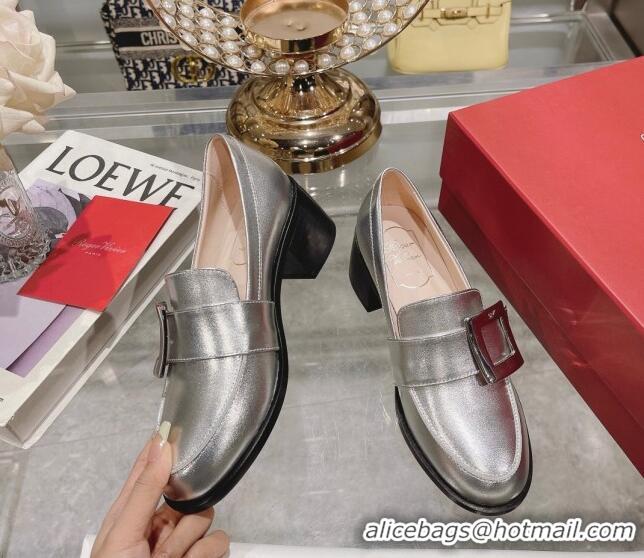 Duplicate Roger Vivier Viv' Rangers Metal Buckle Loafers 4.5cm in Shiny Leather Silver 1218124