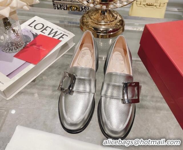 Duplicate Roger Vivier Viv' Rangers Metal Buckle Loafers 4.5cm in Shiny Leather Silver 1218124