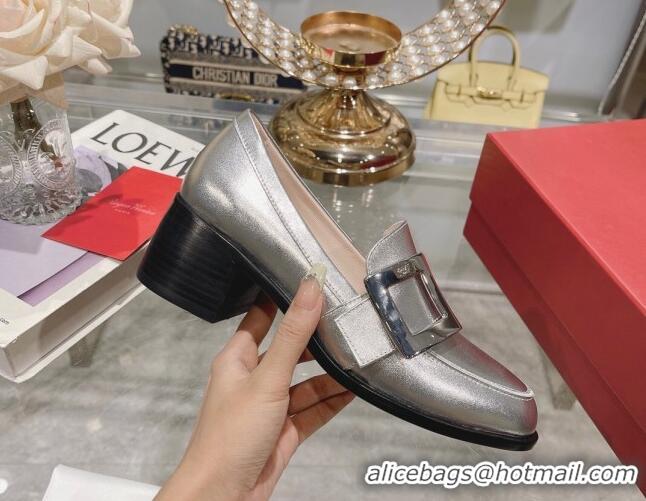 Duplicate Roger Vivier Viv' Rangers Metal Buckle Loafers 4.5cm in Shiny Leather Silver 1218124