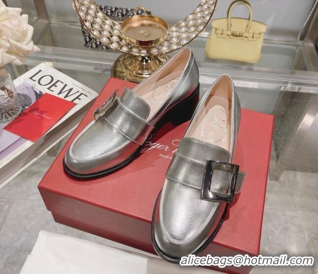 Duplicate Roger Vivier Viv' Rangers Metal Buckle Loafers 4.5cm in Shiny Leather Silver 1218124