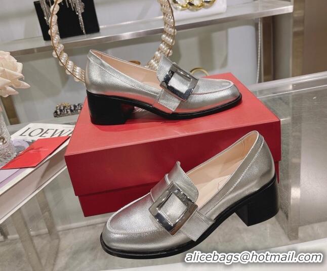 Duplicate Roger Vivier Viv' Rangers Metal Buckle Loafers 4.5cm in Shiny Leather Silver 1218124