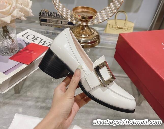 Sumptuous Roger Vivier Viv' Rangers Metal Buckle Loafers 4.5cm in Shiny Leather White 1218125