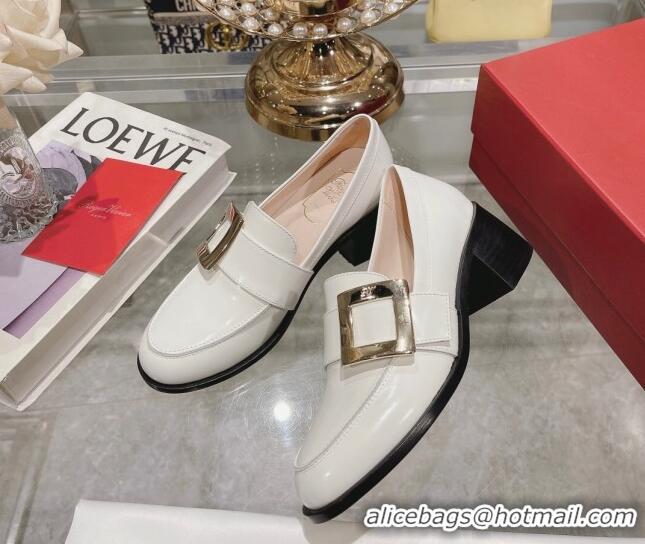 Sumptuous Roger Vivier Viv' Rangers Metal Buckle Loafers 4.5cm in Shiny Leather White 1218125