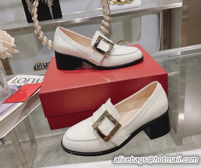 Sumptuous Roger Vivier Viv' Rangers Metal Buckle Loafers 4.5cm in Shiny Leather White 1218125