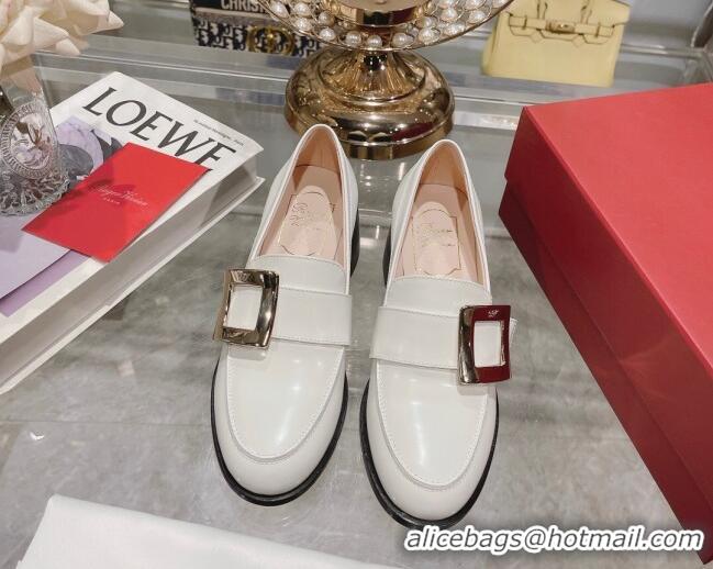 Sumptuous Roger Vivier Viv' Rangers Metal Buckle Loafers 4.5cm in Shiny Leather White 1218125