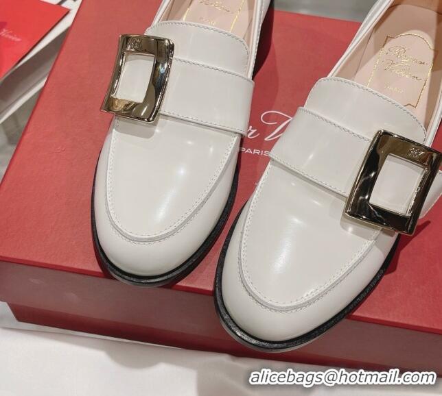 Sumptuous Roger Vivier Viv' Rangers Metal Buckle Loafers 4.5cm in Shiny Leather White 1218125