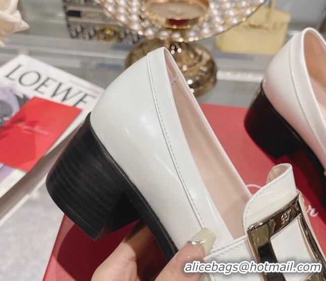 Sumptuous Roger Vivier Viv' Rangers Metal Buckle Loafers 4.5cm in Shiny Leather White 1218125