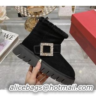 Good Product Roger Vivier Viv' Winter Fur Strass Buckle Ankle Boots in Suede Black 1218126