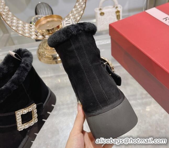 Good Product Roger Vivier Viv' Winter Fur Strass Buckle Ankle Boots in Suede Black 1218126