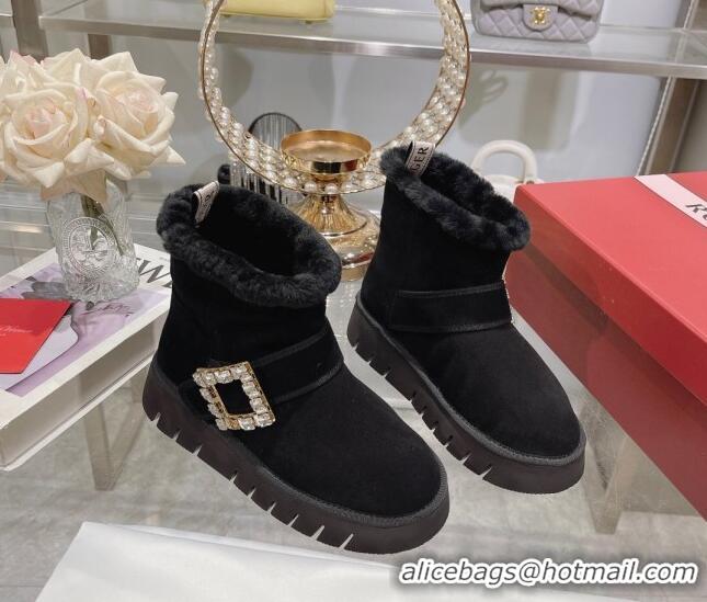 Good Product Roger Vivier Viv' Winter Fur Strass Buckle Ankle Boots in Suede Black 1218126