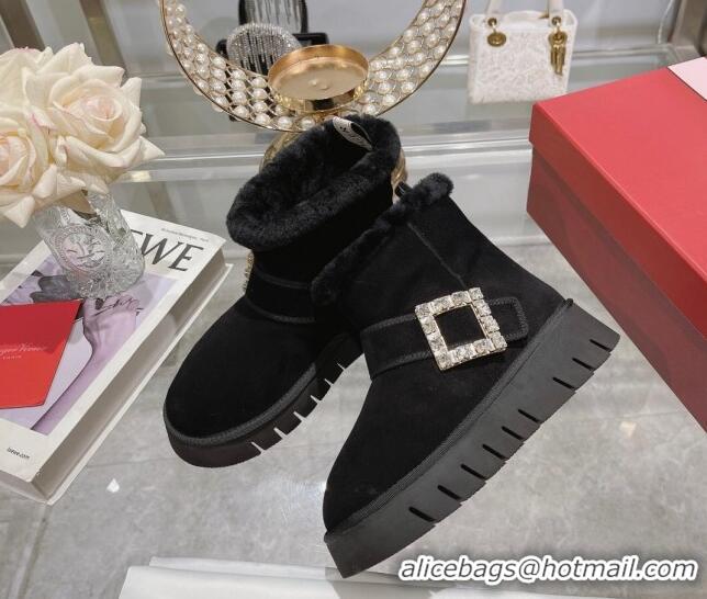 Good Product Roger Vivier Viv' Winter Fur Strass Buckle Ankle Boots in Suede Black 1218126