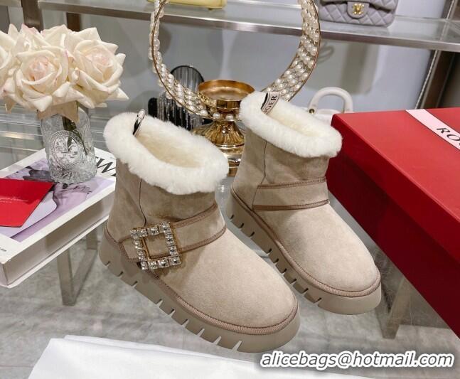 Top Grade Roger Vivier Viv' Winter Fur Strass Buckle Ankle Boots in Suede Beige 218127