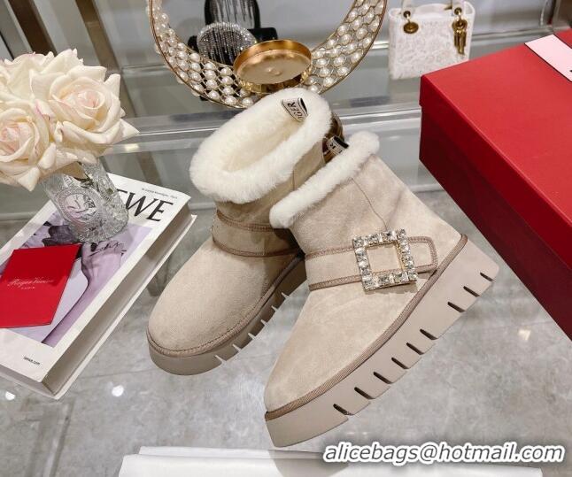 Top Grade Roger Vivier Viv' Winter Fur Strass Buckle Ankle Boots in Suede Beige 218127