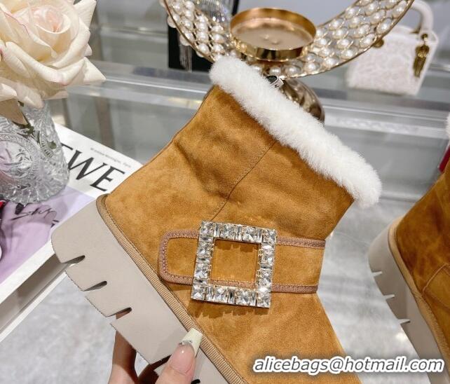 Buy Luxury Roger Vivier Viv' Winter Fur Strass Buckle Ankle Boots in Suede Yellow 218128