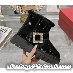 Durable Roger Vivier Viv' Winter Fur Strass Buckle Ankle Boots in Patent Leather Black 218129