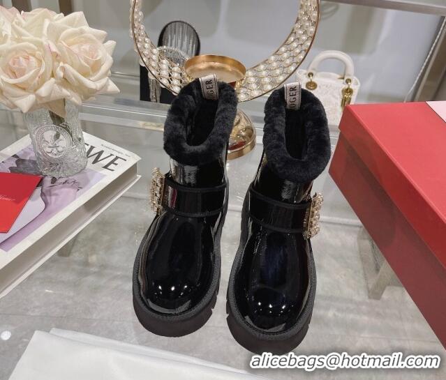 Durable Roger Vivier Viv' Winter Fur Strass Buckle Ankle Boots in Patent Leather Black 218129