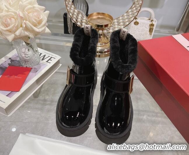 1:1 aaaaa Roger Vivier Viv' Winter Fur Metal Buckle Ankle Boots in Patent Leather Black 1218131