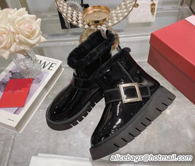 1:1 aaaaa Roger Vivier Viv' Winter Fur Metal Buckle Ankle Boots in Patent Leather Black 1218131