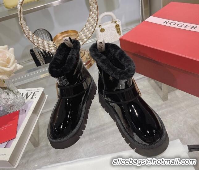 1:1 aaaaa Roger Vivier Viv' Winter Fur Metal Buckle Ankle Boots in Patent Leather Black 1218131