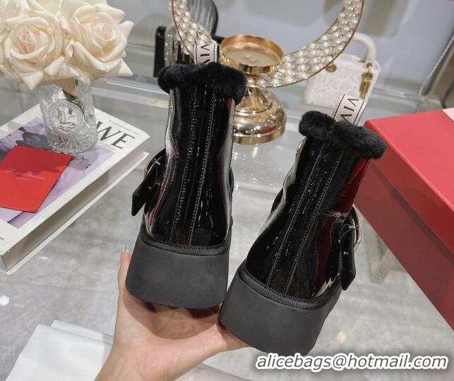 1:1 aaaaa Roger Vivier Viv' Winter Fur Metal Buckle Ankle Boots in Patent Leather Black 1218131