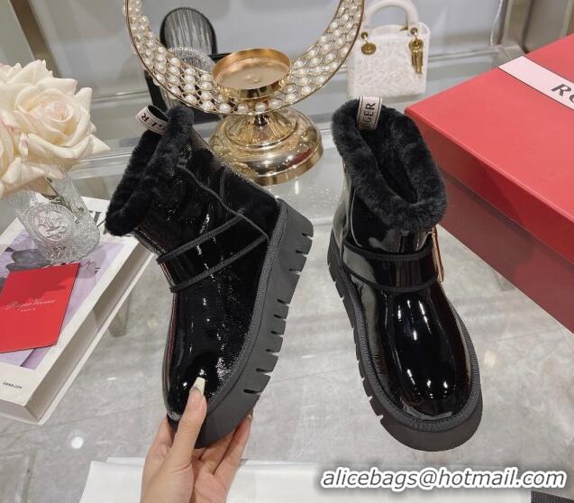 1:1 aaaaa Roger Vivier Viv' Winter Fur Metal Buckle Ankle Boots in Patent Leather Black 1218131