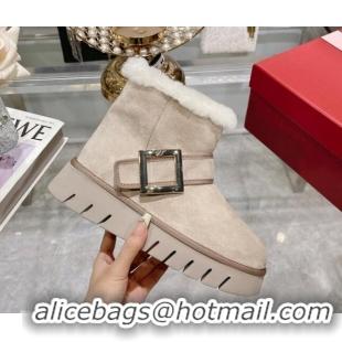 1:1 Roger Vivier Viv' Winter Fur Metal Buckle Ankle Boots in Suede Beige 218132