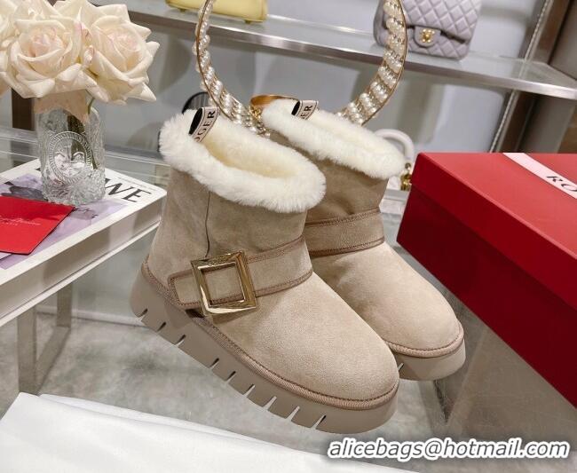 1:1 Roger Vivier Viv' Winter Fur Metal Buckle Ankle Boots in Suede Beige 218132