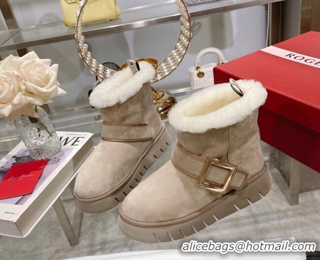 1:1 Roger Vivier Viv' Winter Fur Metal Buckle Ankle Boots in Suede Beige 218132