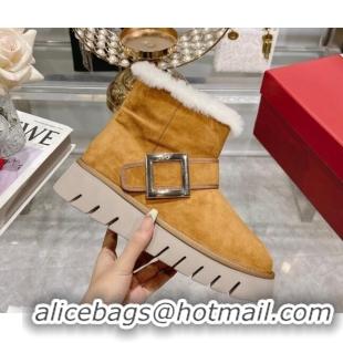 Luxurious Roger Vivier Viv' Winter Fur Metal Buckle Ankle Boots in Suede Yellow 218133