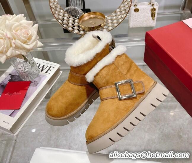 Luxurious Roger Vivier Viv' Winter Fur Metal Buckle Ankle Boots in Suede Yellow 218133