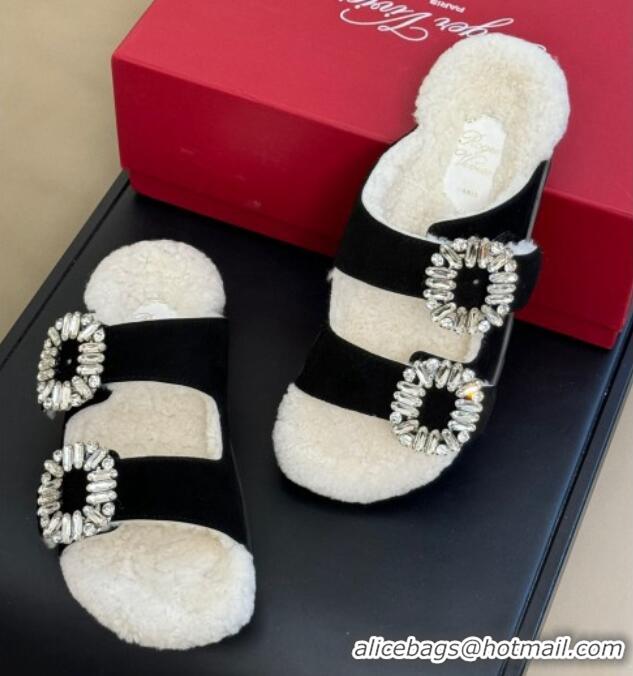 Best Grade Roger Vivier Slidy Viv' Fur Strass Buckle Slide Sandals in Suede Black 1218134