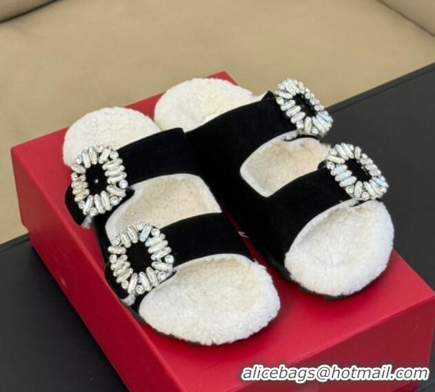 Best Grade Roger Vivier Slidy Viv' Fur Strass Buckle Slide Sandals in Suede Black 1218134