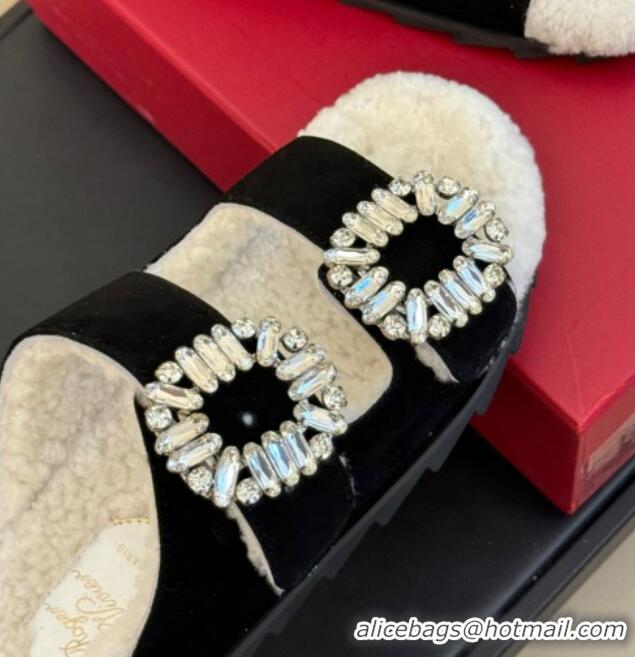 Best Grade Roger Vivier Slidy Viv' Fur Strass Buckle Slide Sandals in Suede Black 1218134