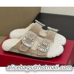 Classic Hot Roger Vivier Slidy Viv' Fur Strass Buckle Slide Sandals in Suede Beige 1218135