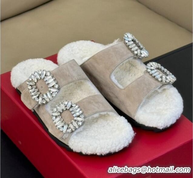 Classic Hot Roger Vivier Slidy Viv' Fur Strass Buckle Slide Sandals in Suede Beige 1218135