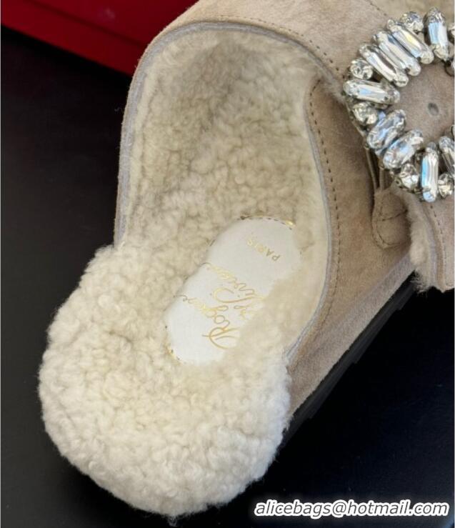 Classic Hot Roger Vivier Slidy Viv' Fur Strass Buckle Slide Sandals in Suede Beige 1218135