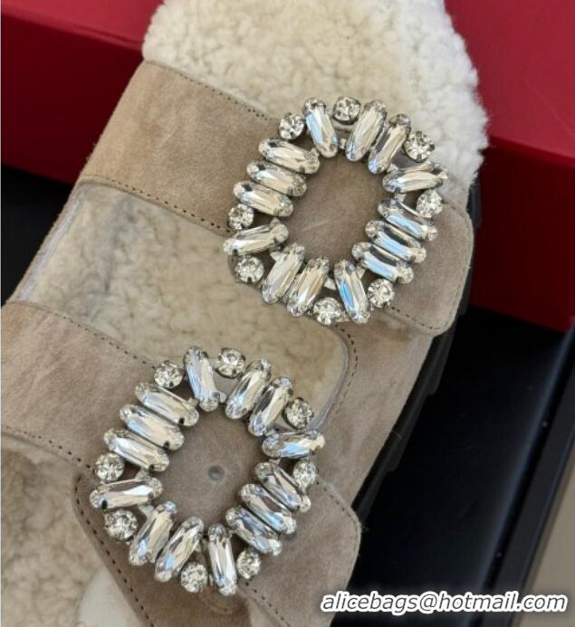 Classic Hot Roger Vivier Slidy Viv' Fur Strass Buckle Slide Sandals in Suede Beige 1218135