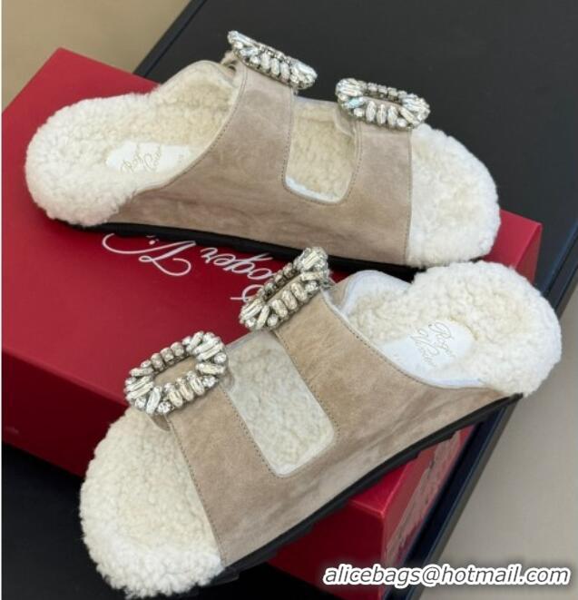 Classic Hot Roger Vivier Slidy Viv' Fur Strass Buckle Slide Sandals in Suede Beige 1218135