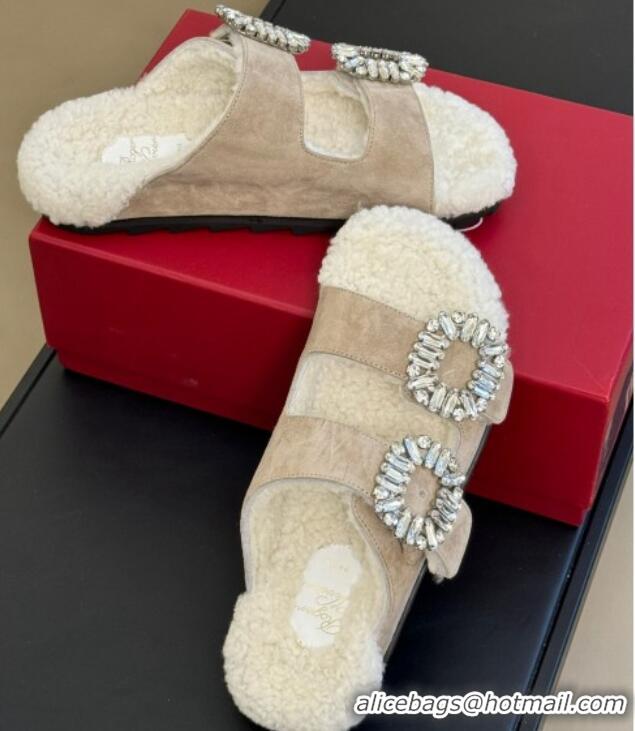 Classic Hot Roger Vivier Slidy Viv' Fur Strass Buckle Slide Sandals in Suede Beige 1218135