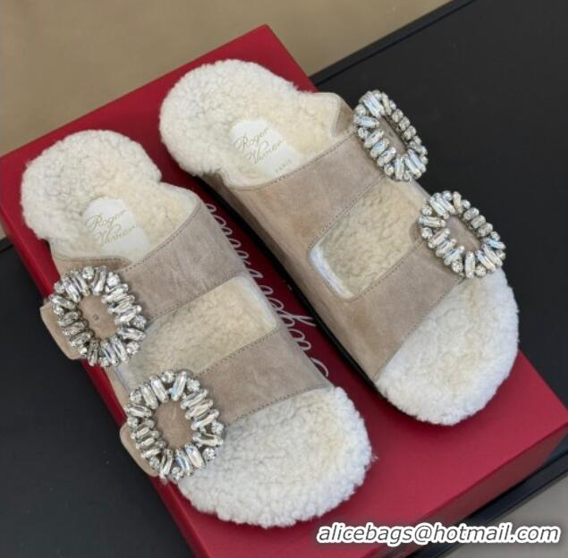 Classic Hot Roger Vivier Slidy Viv' Fur Strass Buckle Slide Sandals in Suede Beige 1218135