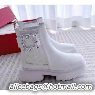 Buy Discount Roger Vivier Wallaviv Strass Buckle Chelsea Ankle Boots in Shiny Leather White 218136