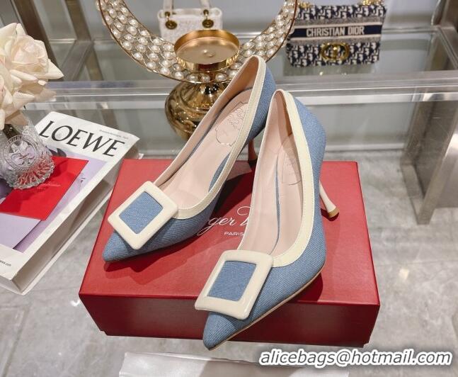 Luxury Roger Vivier Viv’ In The City Pumps 8.5cm in Light Blue Denim 105031